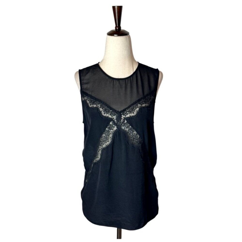 Sandro Shirt Women Small Black Sheer Bodice Lace Detail Top Whimsigoth Gothic‎